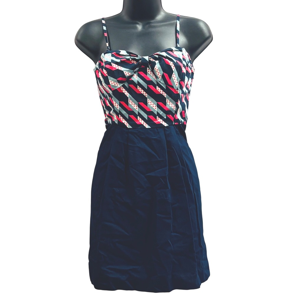 Maeve Anthropologie Navy Pink Geometric Bow Sweetheart Cotton Mini Dress Size 8